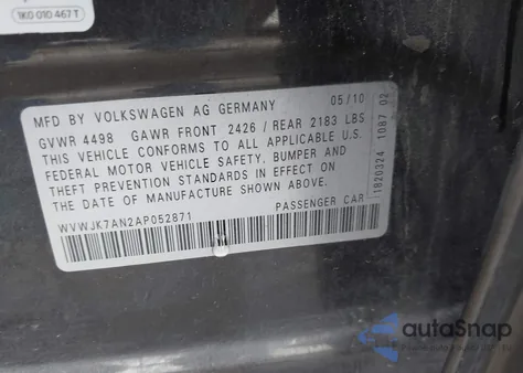 2010 Volkswagen Passat Komfort z USA, uszkodzony, nr VIN WVWJK7AN2AP052871